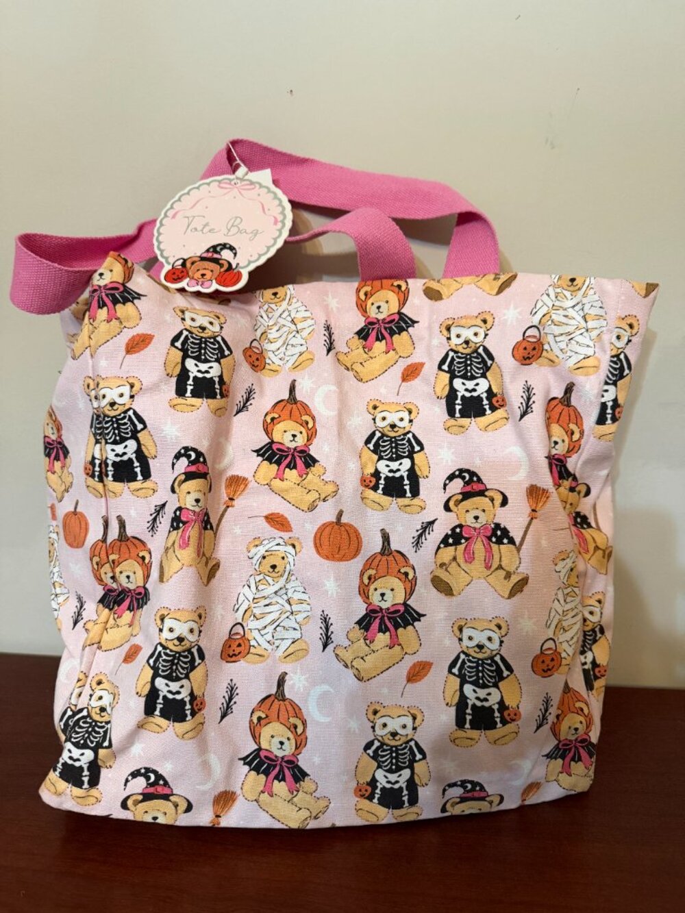 Halloween Teddy Bear Tote Bag Pink Skeleton Mummy Pumpkin Witch New